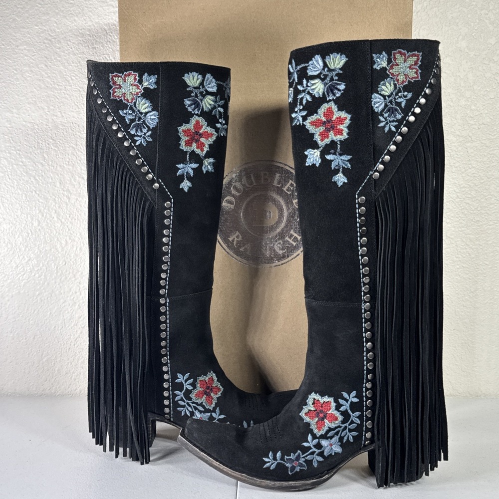 DOUBLE D RANCH Old Gringo Fringe Cowboy Boots Black Suede 8.5 Western Festival - Picture 3 of 16